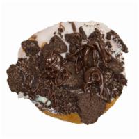 Cookies 'N Cream · Oreo, not Oreo. A ring donut with chocolate icing, chocolate sandwich pieces covered in whit...