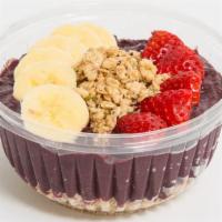 Berries & Acai Bowl · Blend: Acai, Apple Juice, Blueberries, Banana
Toppings: Granola, Banana, Strawberries

