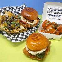 Big Game Bundle · 1 Order of Buffalo Cauli Poppers, 1 Order of Loaded Shroom Nachos, and 2 Chicky Parm Sandwic...