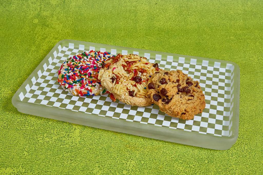 Cookie Trio · One of each: Chocolate Chip Cookie, Rainbow Sprinkle Cookie, Kitchen Sink Cookie. Contains: Gluten, Soy