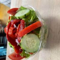G House Salad · Iceberg romaine, cucumbers, roasted peppers, tomatoes, red onions, house dressing.