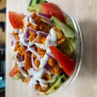 Buffalo Chicken Salad · Romain lettuce, red onions, tomatoes, Buffalo chicken, mozzarella, crumbled bacon and blue c...