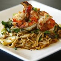 Red Curry Udon · Grilled tiger prawns with red curry seasoned udon noodles, shiitake mushroom, bok choy & oni...