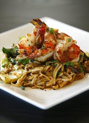 Red Curry Udon · Grilled tiger prawns with red curry seasoned udon noodles, shiitake mushroom, bok choy & onion.