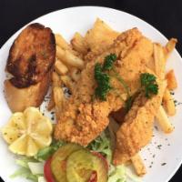 Cajun Fish Platter with Coleslaw and Fries · 2 pieces of fish served with coleslaw, fries and bread.