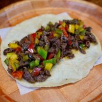 San Miguel Taco · Sirlon steak, grilled peppers over handmade corn tortilla. Sirloin steak a la plancha, pimie...