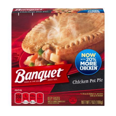 Banquet Chicken Pot Pie 7oz · Eating too much of this will make you a pot pie head! This rich, hearty, crumbly favorite is guaranteed to please.