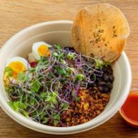Ranchero Power Bowl · Two 8 minute omega 3 eggs, tri-color quinoa, Himalayan ruby rice and roasted corn medley; mi...