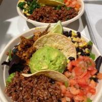 Vegan Burrito Bowl · Kale, Spinach, Avocado, Corn Salsa, Red Rice, Pico de Gallo. Vegan