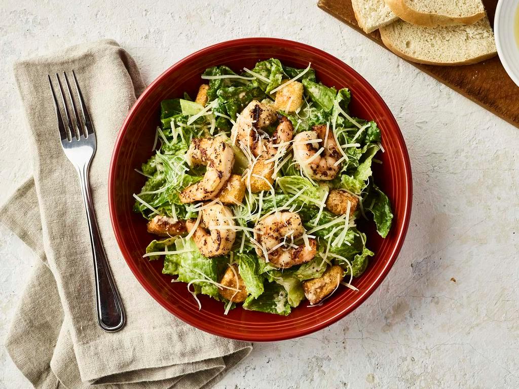 Caesar Salad with Shrimp · Wood-grilled shrimp served over romaine, croutons, Parmesan cheese with our Caesar dressing.