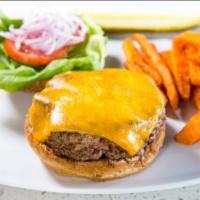 Bison Burger · (442 cal, 7 gm fat, 39 carbs, 55 gm protein) Grilled bison burger, cheese L, T, O.