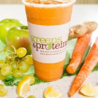 Carrot Juice · (321 cal, 1 gm fat, 83 carbs, 3 gm protein) Green grapes, carrots, apple, ginger, lemon.
