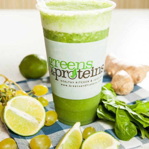 Green Ginger Limeade · (277 cal, 5 gm fat, 72 carbs, 3 gm protein) Green grapes, spinach, ginger, lime.