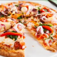 Veggie Pizza · (321 cal, 14 gm fat, 56 gm carbs, 17 gm protein) Red sauce, tomato, spinach, red onion, arti...
