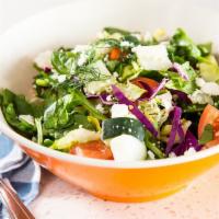 Large Rough Cut Tomato Salad · (390 cal, 33 gm fat, 18 gm carbs, 12 gm protein) Mixed greens, tomato, cucumbers, feta chees...