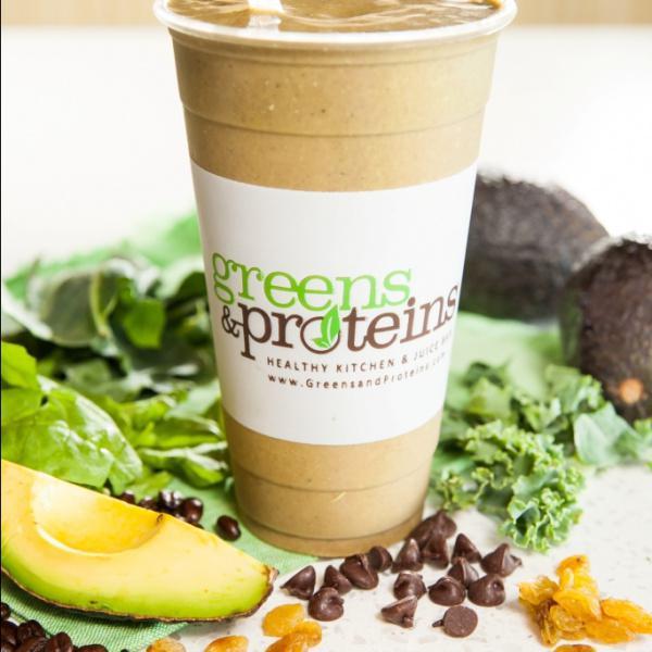 Chocolate Veggiechino · (496 cal, 20 gm fat, 80 carbs, 8 gm protein) Almond or soy milk, cacao powder, chocolate chips, coffee beans, avocado, spinach, kale, collard greens, flax seed, chia seeds & raisins.