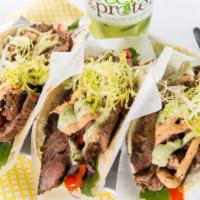 Steak Tacos · (506 cal, 21 gm fat, 37 carbs, 43 gm protein) Marinated steak, red onions, green bell pepper...