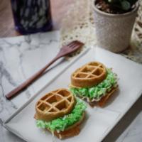 Coconut Waffle with Sticky Rice  · Freshly baked Vietnamese Pandan waffle stuffed with coconut sticky rice, sprinkle with sesam...