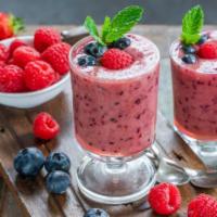 Super Berries Smoothie · Vanilla whey protein, flax seed, blueberries, strawberries, raspberries, banana, and vanilla...
