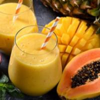 Tropical Papaya Smoothie · Papaya, pineapple, banana, vanilla yogurt, and orange juice.