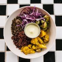 Choux Bowl · roasted brussels sprouts, French lentils, turmeric, cauliflower, purple cabbage, red quinoa,...