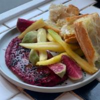 Beet Hummus · black sesame, pretty raw vegetables, toast