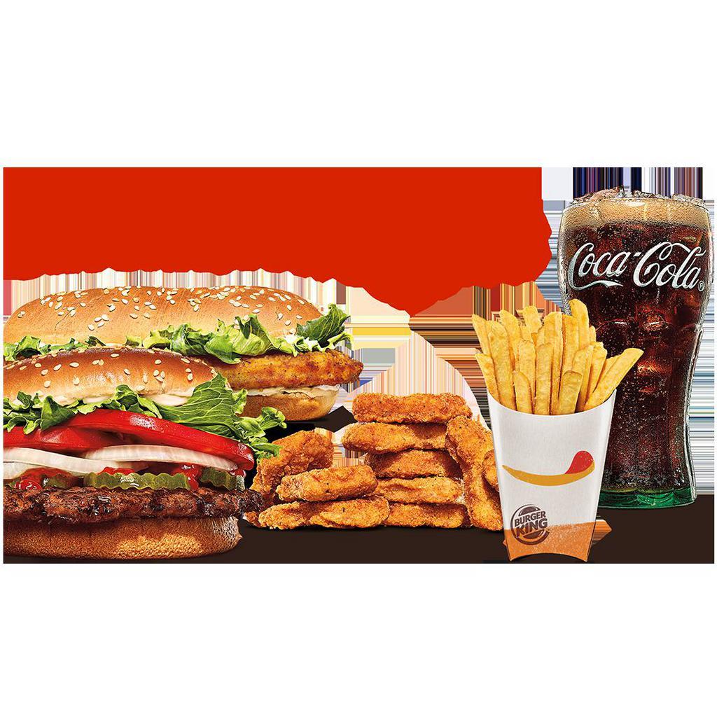 Build Your Own Meal Craver · Choice of Entrée (Whopper, OCS), Snack (8pc Nuggets, 9pc Chicken Fries), Medium Side, Medium Drink
