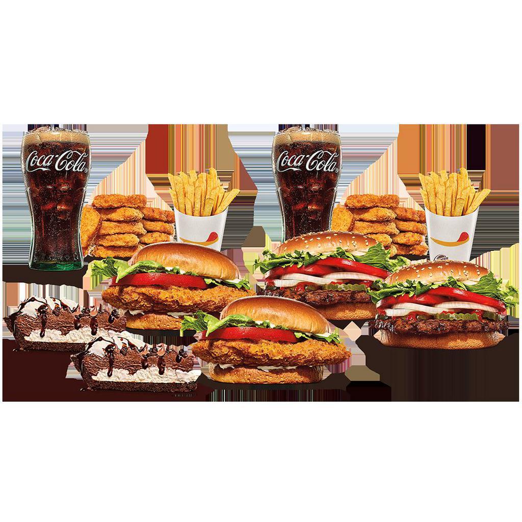 Family Bundle King · Includes (2) Whoppers, (2) OCS, (1) 16pc Chicken Nuggets, (2) Medium Fries, (2) Medium Drinks, (2) Hershey's® Sundae Pies. No substitutions and not valid on specialty versions.