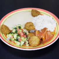 Jerusalem Platter · Served with falafel balls, hummus, Israeli salad, babaganush and a pita.