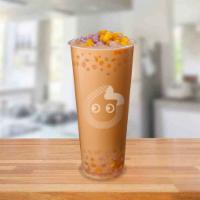QQ Milk Tea · BACK: Classic milk tea with our newest topping: QQ Balls! Chewy sweet potato and taro rounds...
