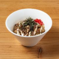 Pork Donburi · chopped pork shoulder / KINTON shoyu sauce / honey / mayo / shredded nori / red ginger / rice
