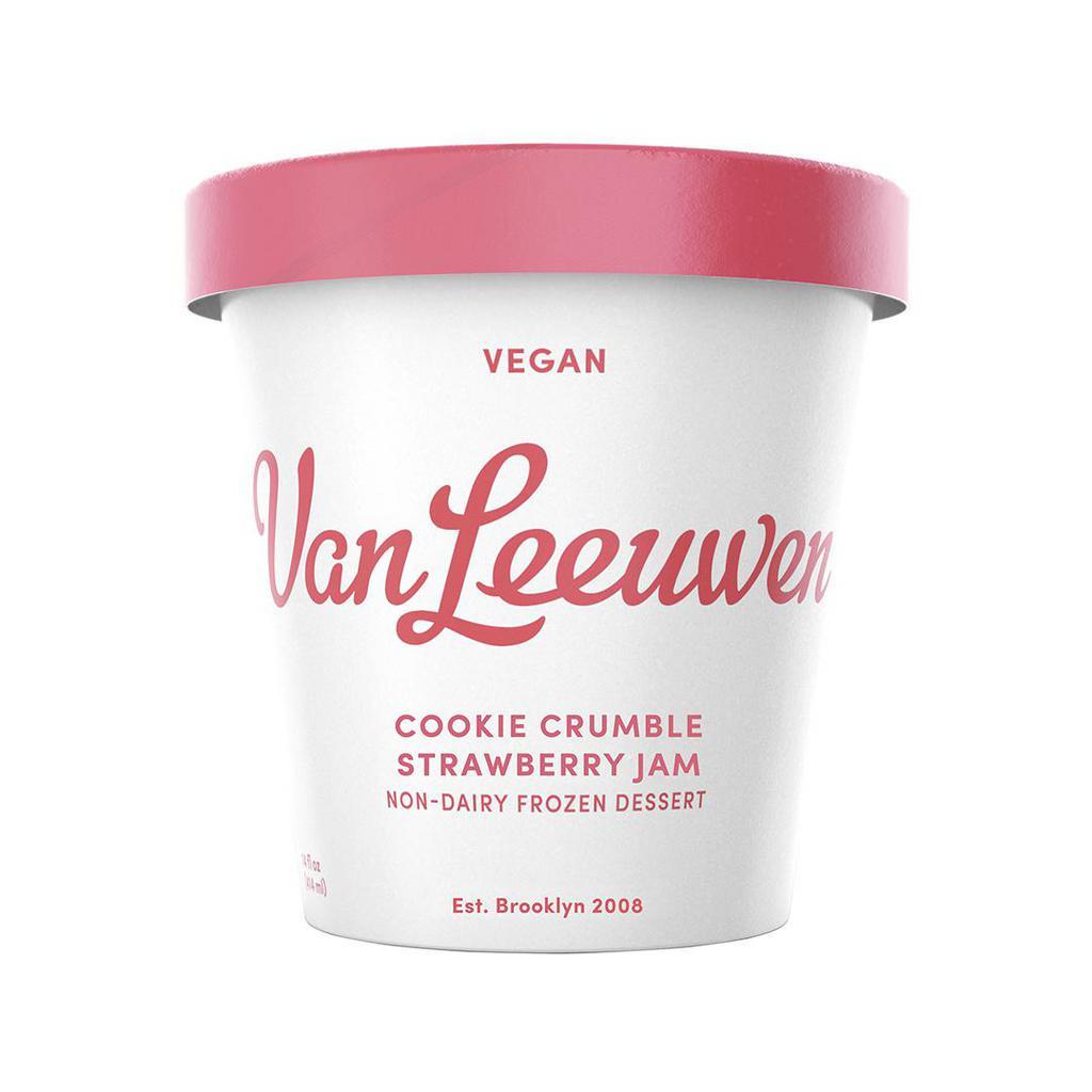 Vegan Cookie Crumble Strawberry Jam by Van Leeuwen Ice Cream · By Van Leeuwen Ice Cream. Nothing makes us happier than this Vegan Cookie Crumble Strawberry Jam Ice Cream. With cold-ground Tahitian vanilla, jam from Oregon-grown strawberries, and crumbles of gluten-free oat cookies, eating vegan isn’t just better for the planet, it’s better for the mouth. Vegan. Contains tree nuts. We cannot make substitutions.