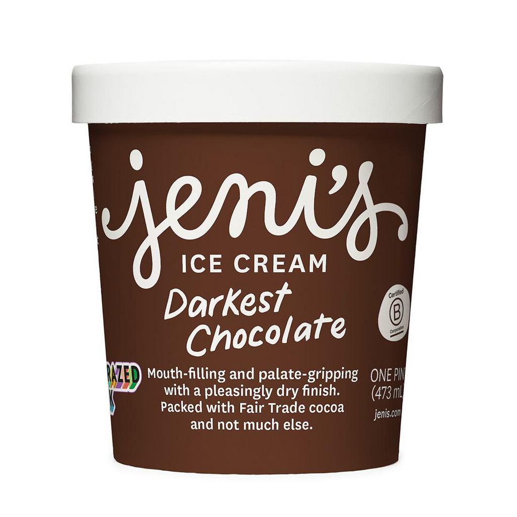Jeni's Darkest Chocolate (GF) · Mouth-filling and palate-gripping with a pleasingly dry finish. The most amount of Fair Trade cocoa and the least amount of anything else. Contains dairy. We cannot make substitutions.