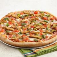 Chicken Fajita Pizza · Our secret recipe pizza sauce topped with grilled marinated chicken breast, fresh tomatoes, ...
