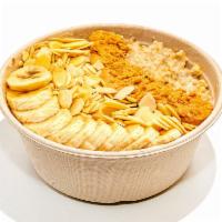 Protein Power Steel-Cut Oatmeal · Ingredients: Organic steel-cut oatmeal, bananas, almonds, cashew butter, & raw honey.