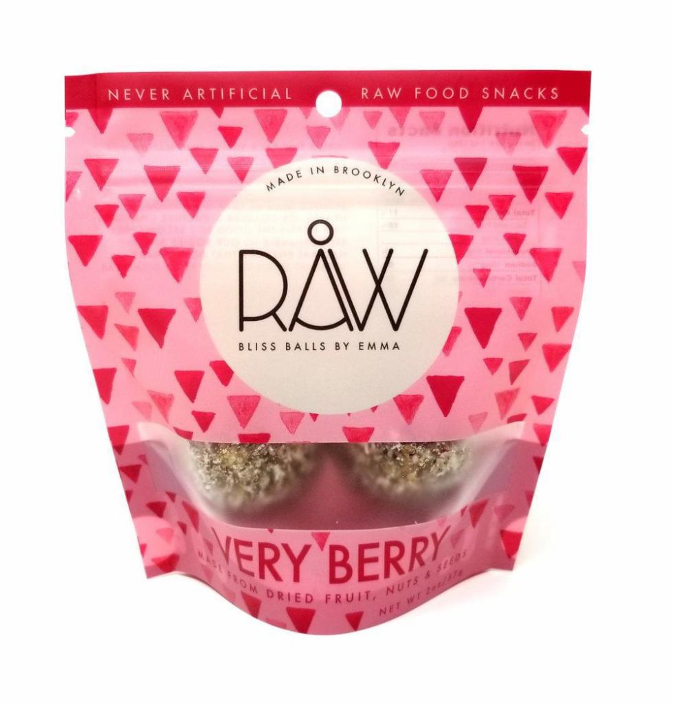 Raw Bliss Balls | Very Berry · Ingredients: Dates, raisins, cashews, almonds, shredded unsweetened coconut, tart cherries, goji berries, chia seeds, & freeze-dried raspberries. Each bag contains 2 balls.