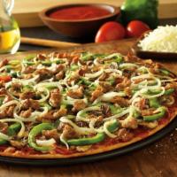 The Works Pizza · Heritage pepperoni, family recipe sausage, freshly cut green peppers and yellow onions, fres...