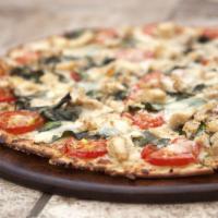 Chicken Spinach Mozzarella Pizza · Sliced chicken breast, fresh baby spinach, fresh mozzarella, freshly cut Roma tomatoes, roas...