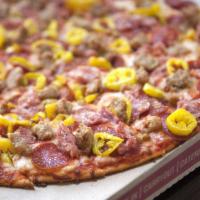 Founder's Favorite Pizza · Heritage pepperoni, family recipe sausage, shaved ham, banana peppers, smoked provolone, Rom...