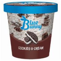 Blue Bunny Cookies 'n Cream Pint · Cookies and cream flavored frozen dairy dessert. 14oz.