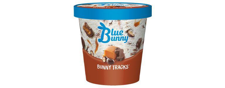 Blue Bunny Bunny Tracks Pint · Vanilla with chocolate peanut butter bunnies, chocolate-covered peanuts, caramel, and fudge swirls. 14oz.