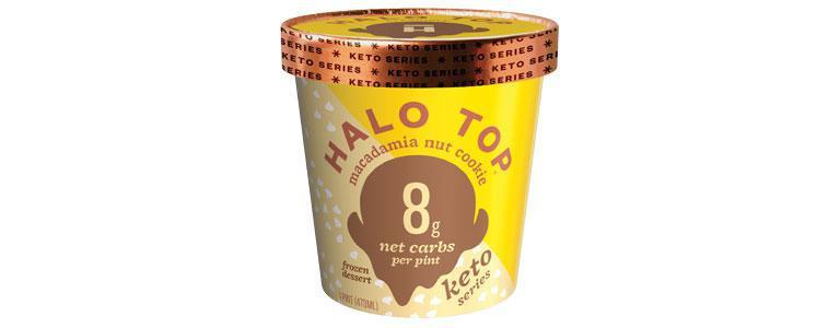 Halo Top KETO White Chocolate Macadamia · Creamy vanilla-flavored low fat ice cream mixed with macadamia nuts.  KETO Friendly: 19 grams of protein and 8 grams of net carbs per pint. 16 oz.