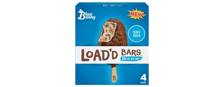 Blue Bunny Cookie Dough Load'd Bar · Bar loaded with big chunks of cookie dough, fudge swirls a layer of fudge on top and dipped in chocolate with a cookie crunch. 4 Count. 