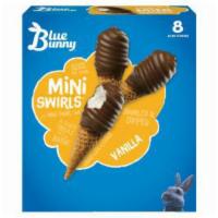 Blue Bunny Vanilla Mini Swirls · Vanilla frozen dairy dessert dipped in chocolate in a mini sugar cone. 8 Count.