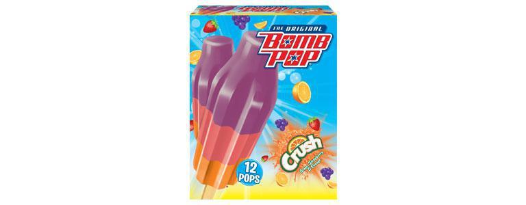 Bomb Pop Crush · The irresistible expereince of grape, strawberry and orange Crush soda frozen on a stick! 12 ct.
