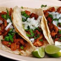 3 Tacos with Rice and Beans · Substitute french fries. Meat choices: chicken, ground beef, fried pork, al pastor, or grill...