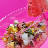 Ceviche GF* Raw* *plant-based  · A tropical twist! Vegan ceviche, making use of a favorite pantry staple that mimics seafood ...