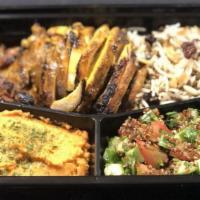 Mediterranean Hot Box · Each box includes your choice of entree, served with lentil basmati rice, hummus, and tabbou...