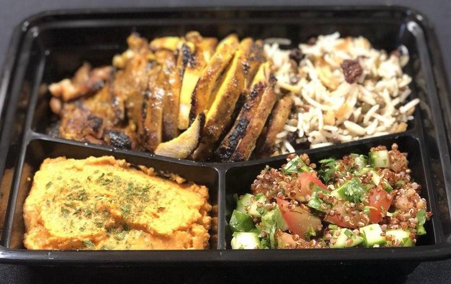 Mediterranean Hot Box · Each box includes your choice of entree, served with lentil basmati rice, hummus, and tabbouleh salad.