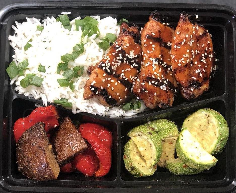 Teriyaki Hot Box · Each box includes your choice of entree, served with scallion rice, grilled veggie.